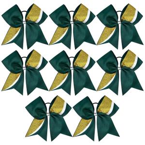 8 PCS Large Glitter Cheer Bows 8" Hair Bows Sparkly Cheerleading Softball Team Bow Hair Ponytail Holder Accessories for cheerleaders football Competition Sports- Green Gold White