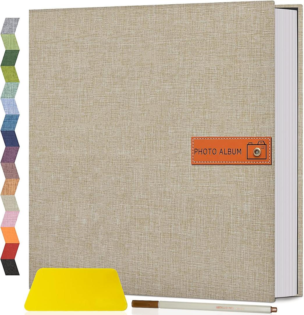 Popotop Large Photo Album Self Adhesive 4x6 5x7 8x10 Scrapbook Album DIY Picture Book,Gifts for Mom,Family Baby and Wedding,with Metal Pen and Plastic Board (Beige)