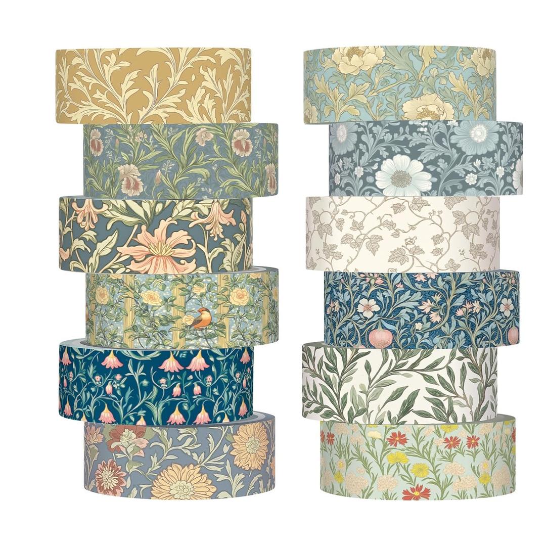 12 Rolls Watercolor Floral Washi Tape Set 15 mm Vintage Flower Decorative Masking Tape for Spring Arts DIY Craft Scrapbook Journal Supplies Gift Wrapping(Earthy Tones,William Morris)