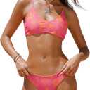 SHENHE Women's Floral Bikini Set 2 Piece Criss Cross Tie Back Low Rise Boho Swimsuits (Coral Pink) Small