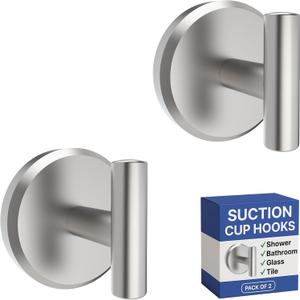 HOME SO Suction Cup Hooks for Shower & Bathroom Towel Holder 2-Pack  Suction Cups Hooks for Hanging Towels, Robes, & Coats - Tiles, Glass Door or Mirror  Shower Hooks & Towel Hooks - Nickel T-Shape
