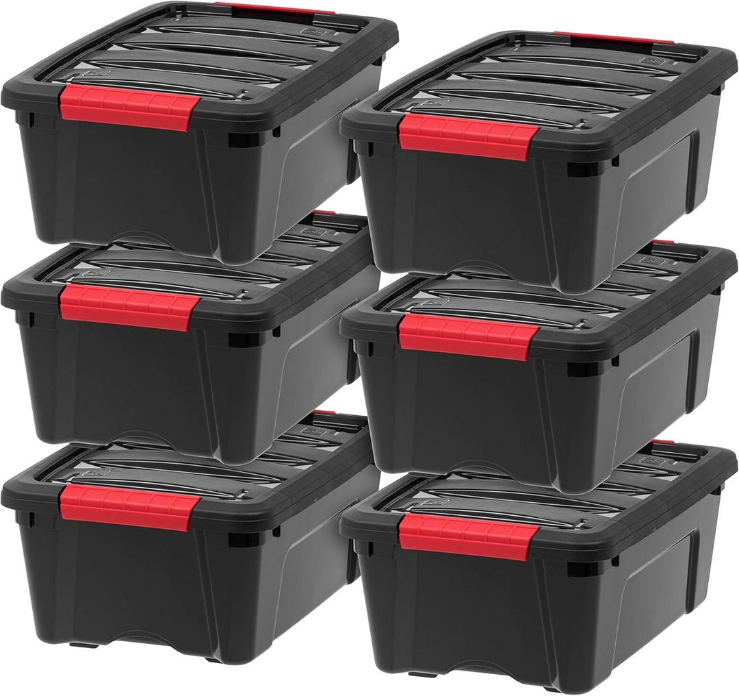 IRIS USA 13 Qt Stackable Plastic Storage Bins with Lids, 6 Pack - BPA-Free, Made in USA - Garage Organizing Solution, Latches, Durable Nestable Containers, Secure Pull Handle - Black