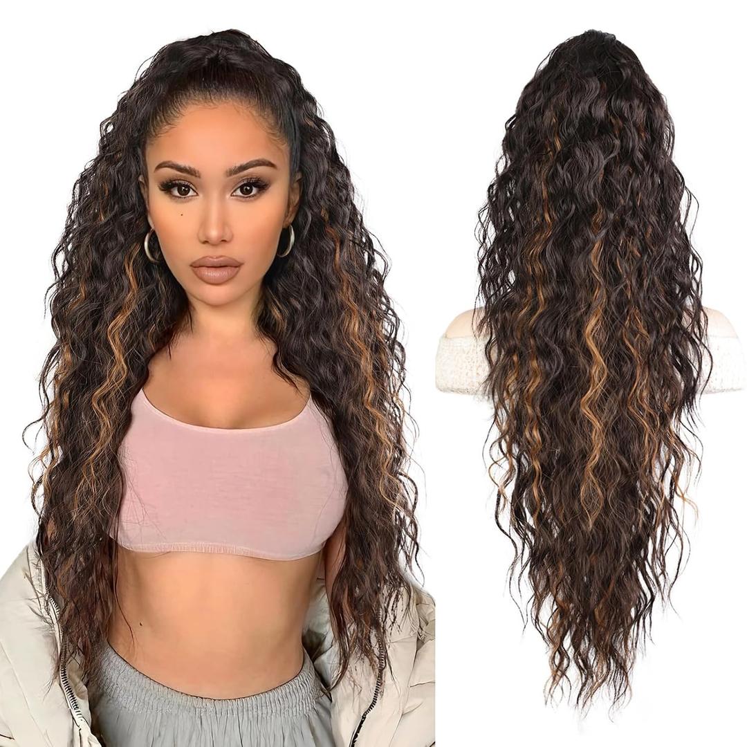 Ponytail Extension - 30 Inch Long Curly Pony Tails Hair Extensions, Claw Clip Ponytail Extension, Soft Synthetic Hair Pieces for Women (Color:Black Brown with Highlights)