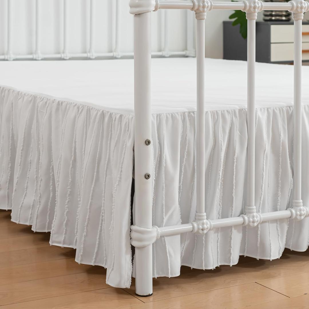 Striped Tufted Bed Skirt Queen Size, Ruffled Bed Skirt with Split Corners, Queen Bed Skirt 12 Inch Drop, Striped Boho Queen Size Bed Skirt White for Ruffled Bed Skirts, White (Queen - 12" Drop)