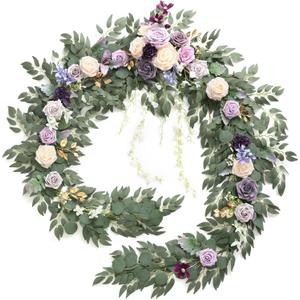 Ling's moment 9FT Flower Garland for Backdrop Decorations - Wedding Arch Flowers, Eucalyptus & Rose, Artificial Floral Garland for Mantel - Sweetheart Table Decor for Ceremony Reception, Lilac & Gold