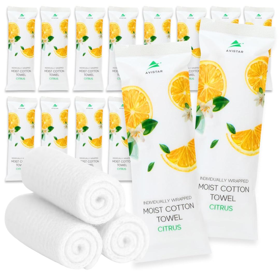 30 Hot or Cold Wrapped Moist Towels 9'' x 9" Moist Towelettes Individually Wrapped Scented Disposable Face & Hand Pre-Moistened Hand Wipes Soft Refreshing, Travel, Spa, Restaurant- Citrus/Lemon