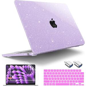 Tuiklol Compatible with New MacBook Air 15 inch Case 2023 M2 Clip, Model A2941 Hard Shell Case with Keyboard Cover & Screen Protector & OTG Adapter with Air 15.3 M2 Cover,Sparkly Purple