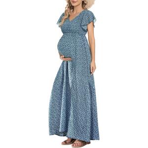 Floral Print V Neck Maternity Dress Boho Baby Shower Photoshoot Smocked Flutter Sleeve Split A Line Dress (Blue, S)