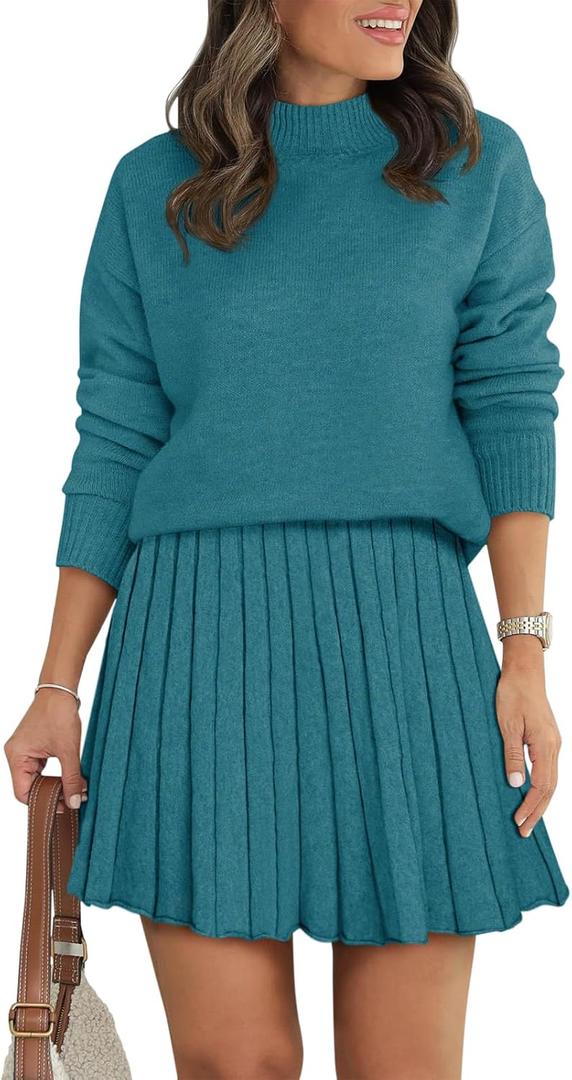 Women's Two Piece Outfits Turtleneck Long Sleeve Ribbed Knit Tops Pleated Mini Skirt 2026 Casual Sweater Sets (Medium, Lake Blue)