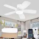KNUN 42 Inch Ceiling Fan with Light and Remote/App Control, Low Profile Ceiling Fans with Lights,Flush Mount, Double-sided Blades, 3CCT, Dimmable, Noiseless, white Ceiling Fan for Indoor/Outdoor Use