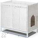 Cat Litter Box Enclosure Furniture, Hidden Handwoven Rattan Litter Box with Mat, Large Cat House with Metal Heightened Feet, 30.3 x 18.3 x 28 Inches, Indoor for Living Room, Bedroom White