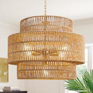 Boho 17” Rattan Chandelier Light Fixture, 5-Light Hand Woven Rattan Pendant with 3-Tier Wicker Shade, Adjustable Farmhouse Ceiling Hanging Light for Dining Room, Kitchen, Living Room, Bedroom, 17.7 inch