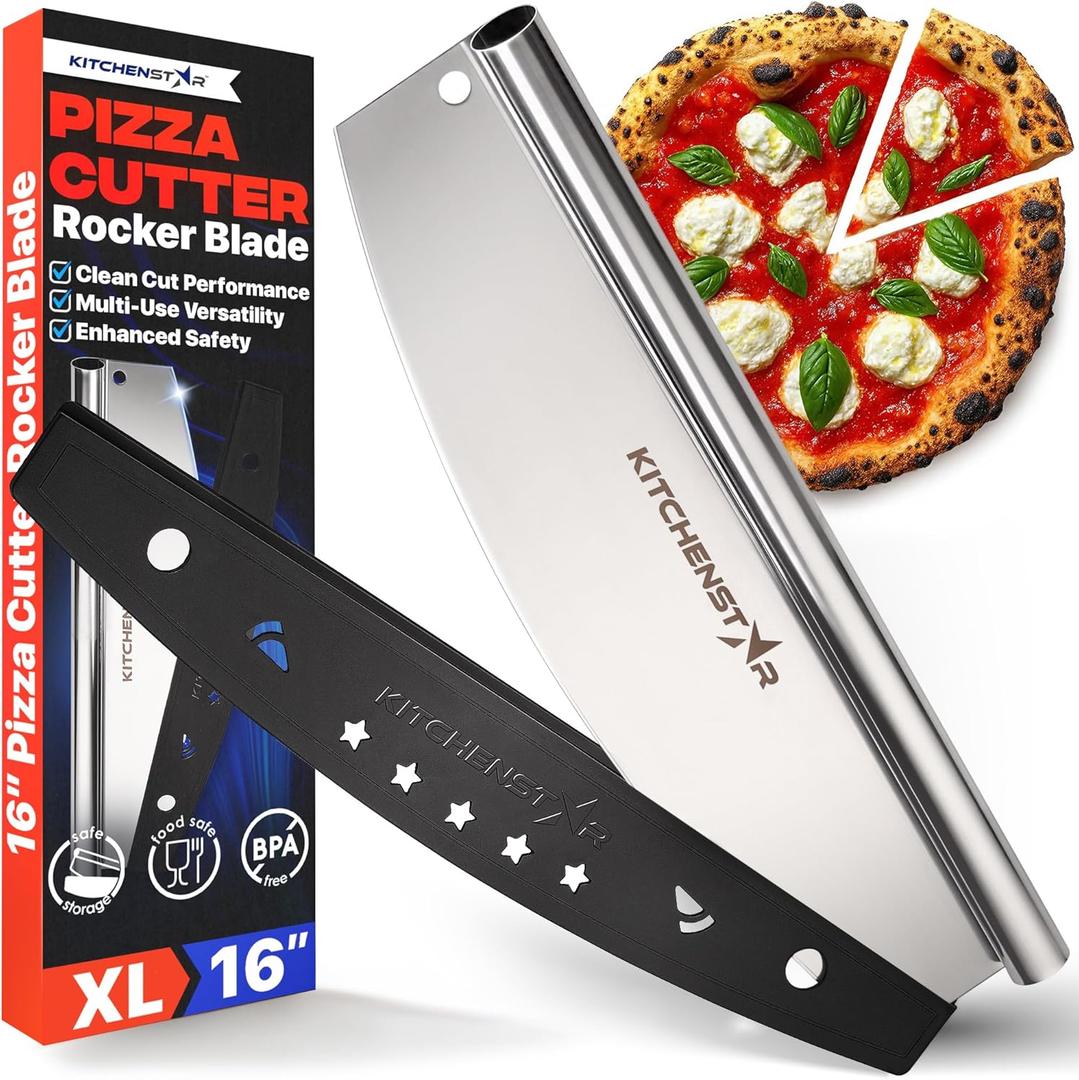 KitchenStar 16-Inch Pizza Cutter Rocker Blade - Sharp Stainless Steel Slicer Knife, Protective Cover, Dishwasher Safe, Large - Professional Pizza Oven Accessories