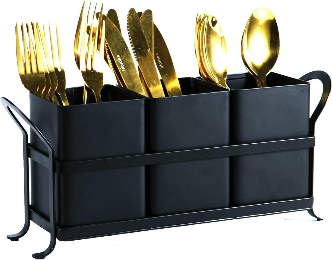 Flatware, Cutlery,Kitchen Utensil & Silverware Caddy Organizer Bin Holder for Forks, Spoons, Knives - Perfect for Kitchen Countertop- Black (Black)
