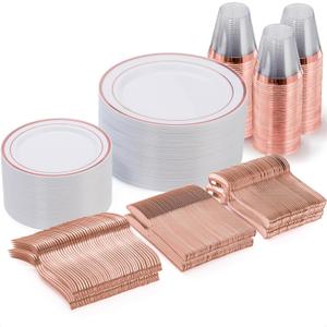 Goodluck 300 Pieces Rose Gold Disposable Plates for 50 Guests, Plastic Plates for Party, Wedding, Dinnerware Set of 50 Dinner Plates, 50 Salad Plates, 50 Spoons, 50 Forks, 50 Knives, 50 Cups