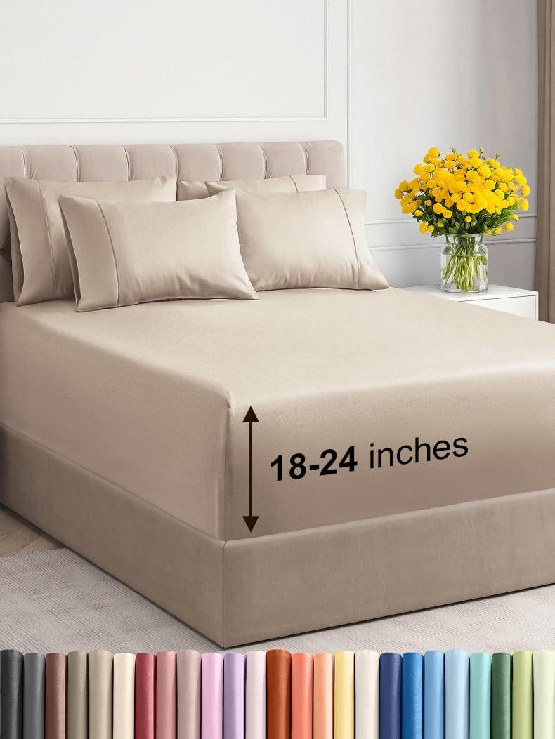 Extra Deep Queen Sheet Set - 6 Piece Breathable & Cooling Sheets - Hotel Luxury Bedding Set w/18-24 Inch Extra Deep Pockets - Easy & Secure Fit - Super Soft, Wrinkle Free & Comfy - Wheat, Queen Size