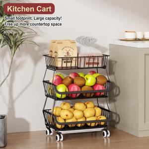 Miyawell 3Tier Rolling Pantry Cart with Wheels, Stackable Wire Storage Floor Organizer for Kitchen Pantry Snack Shelves, Fruit Basket Stand, Vegetable Storage Rack for Food Snacks Onion Potato