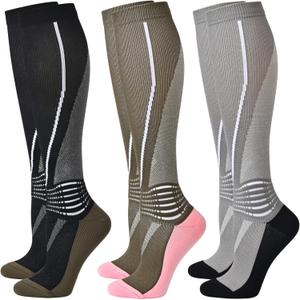 IRAMY Compression Ankle Support Socks Women Knee High Moisture Wicking Gradient Compression 3 Packs (Medium, Black+green+grey-3 Packs)