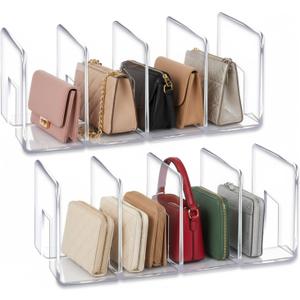 YAGELI Clear Acrylic Purse Organizer for Closet, 3-4 Section Desk File Sorter, 2.95" Wide Slots for Clutches, Handbags, Binders & Folders, Sturdy Stackable Bookshelf Organizer