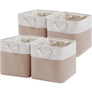 MidmmVick 13 x 13 Inch Cube Storage Bins, 4 Pack Large Collapsible Fabric Storage Bin with Ropes, Foldable Storage Cubes for Home, Office,Closet, Clothes, Toys Organizer (White & Beige)