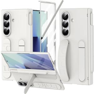Finger Strap for Samsung Galaxy Z Fold 7 Case with S Pen Holder & Stylus, Z Fold7 Hand Strap Case Kickstand Full Coverage Screen Protector Hinge Protection Wristband Cover for Z Fold 7 White