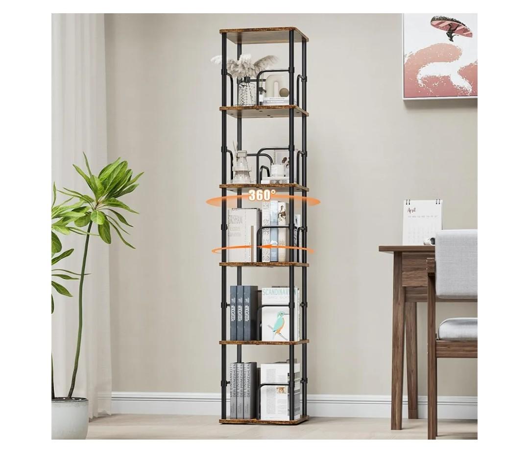 5 Tier Square Rotating Bookshelf, 360 ° Display Stackable Spinning Bookshelf Tower, Space Saving Tall Floor Standing Swivel Bookcase Corner Storage Organizer for Living Room, Rustic Brown, Small Size