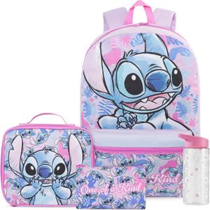 Get Trend Disney Stitch Kids Backpack 4 Piece Set | 18 inch Bookbag, Insulated Lunch Bag, Zipped Pencil Case & BPA-Free Water Bottle for School & Travel, Gifts for Girls