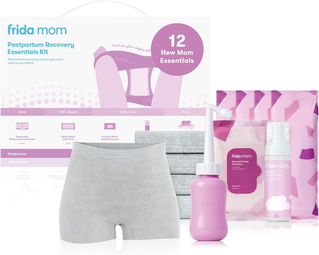 Frida Mom 11pc Postpartum Essentials Kit Gift Set, Hospital Bag Must Haves for New Mom, Includes 4 Disposable Postpartum Underwear, 4 Ice Maxi Pads, Perineal Healing Foam & 24 Pad Liners & Peri Bottle, Large