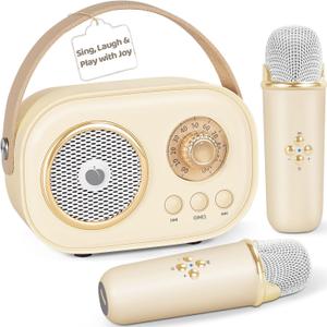 PRUNUS C20 Mini Karaoke Machine,Valentines Day Gifts for Her Him Kids Mens,Portable Bluetooth Speaker with 2 Wireless Microphone for Boys Girls 3-12+ Years Old Birthday Party Beige