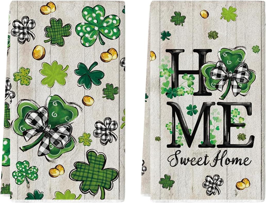 2 x Artoid Mode Wood Clover Shamrock St.Patrick's Day Kitchen Dish Towels, 18x26 Inch Farmhouse Holiday Spring Decoration Cleaning Set of 2
