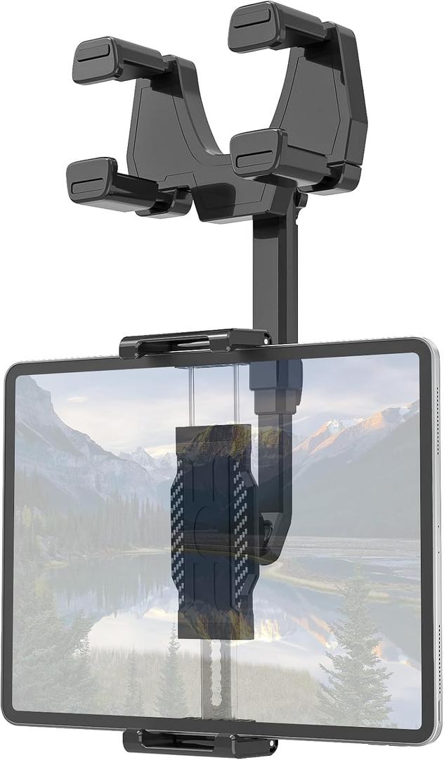 Rearview Mirror Tablet Holder for Car, [Rear View Mirror 4 Claws Design] 360 Rotatable and Retractable, Fit Thick Cases [Deep Max 1.18"] for iPad Pro Air Mini, Galaxy Tab, iPhone, 6-15.6" Devices