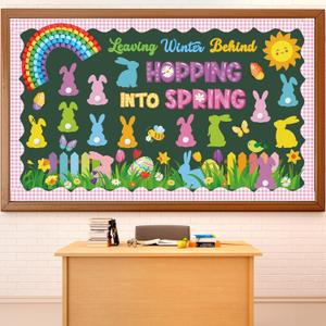 Capoda Spring Easter Bulletin Board Decorations Set - 3D Rainbow Hopping into Spring Classroom Decorations, Easter Bunny Egg Cutouts, Borders for Bulletin Boards Wall Door Chalkboard Office Supplies