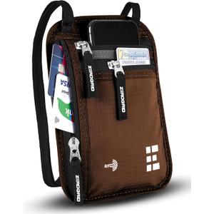 Neck Wallet for Travel & Passport Holder with RFID Blocking - Slim & Easy to Conceal Nylon Travel Pouch for men & women - Holds Phone, Cash, Cards, Keys - Sweat & Water Resistant - Large - Brown (Solo/Couple)