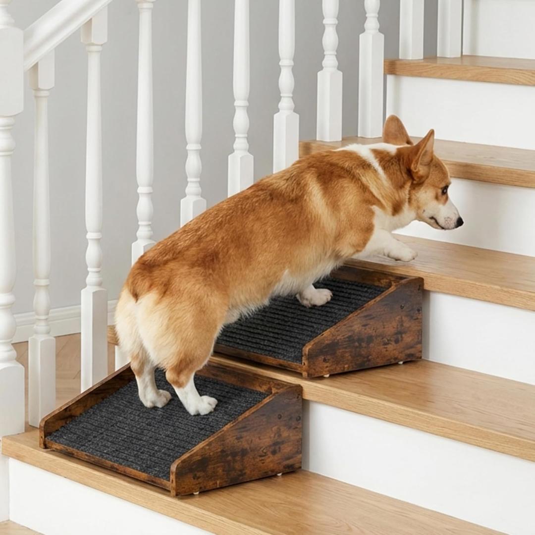 Megidok 2Pcs Low-Angled Wooden Dog Ramp for Stairs, Anti-Slip Carpet Surface Pet Steps, Sturdy Indoor Pet Stairs Ramp for Small Dogs & Cats, Assist for Injured Aged Pets Fits Staircase Steps