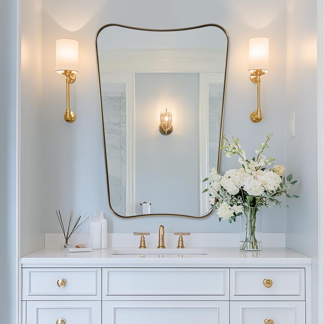 Gold Vanity Mirror, 26x38 Inch Brushed Gold Asymmetrical Wall Mirror, Antique Brass Bathroom Mirror in Anti-Rust Stainless Steel Metal Frame, Large Decorative Mirror, Butterfly Shape