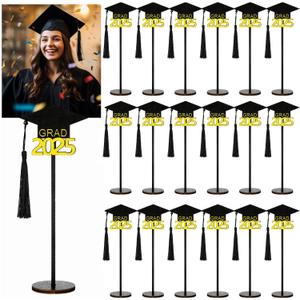 24 Pcs Graduation Cap Picture Holder Wooden Table Holders Wire Photo Holder Clips Picture Memo Note Photo Stand Black Gold Graduation Centerpieces for Tables Party Favors Supplies