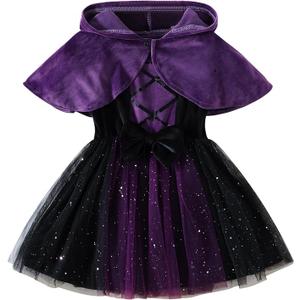 AGQT Toddler Girl Witch Costume Halloween Outfit 2 Piece Set Tulle Dress with Cape Little Kids Purple Hooded Poncho, 100