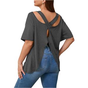 RoseSeek Women's Plus Size Cut Out Criss Cross Back Tee Open Back Short Sleeve Crew Neck Athletic Workout Tops (Gray)