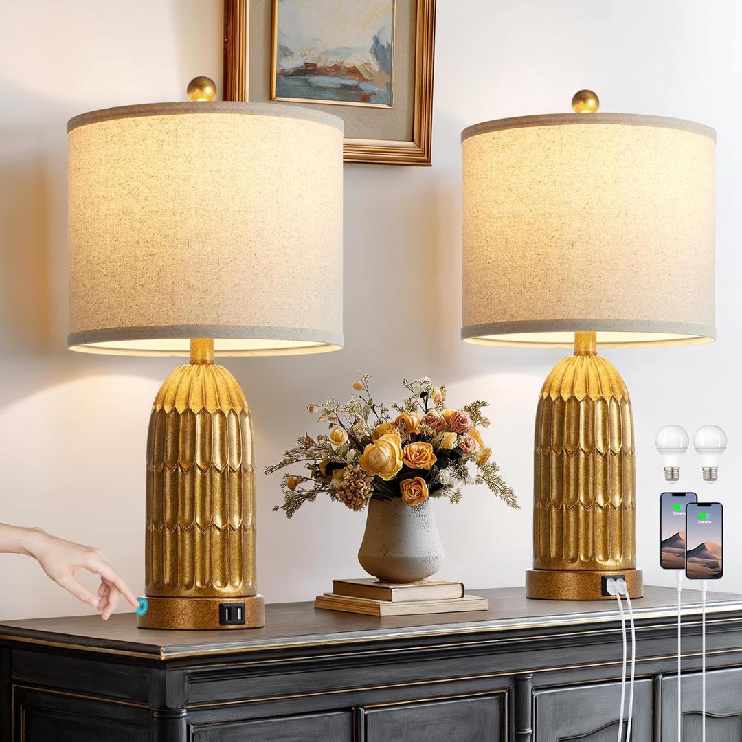Table Lamps for Bedroom Set of 2, Farmhouse 3-Way Dimmable Touch Nightstand Lamp with 2 USB Charging Ports, Vintage Rustic Traditional Bedside Lamp for Living Room End Table (Brass)