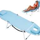 ABORON 2-in-1 Tanning Chair with Face Hole, Folding Camping Cot for Adults, 5-Position Adjustable Lounge Chair with Pillow, Heavy Duty 600D Oxford Portable Cot for Beach, Patio, Poolside