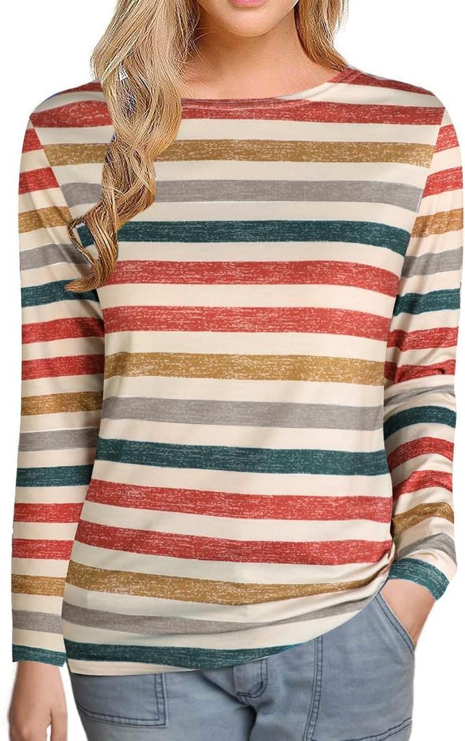 LilyCoco Womens Colorful Striped Long Sleeve Shirt Boat Neck Tops Loose Fit T Shirt Orange Multicolor Large