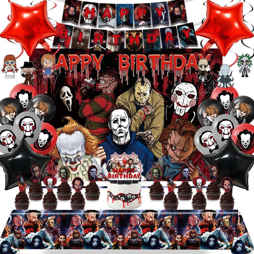 Horror Birthday Decorations for Boys Girls Adults, Halloween Theme Party Supplies Kit with Happy Birthday Banner Balloons Cake Topper Backdrop Tablecloth Hanging Swirls