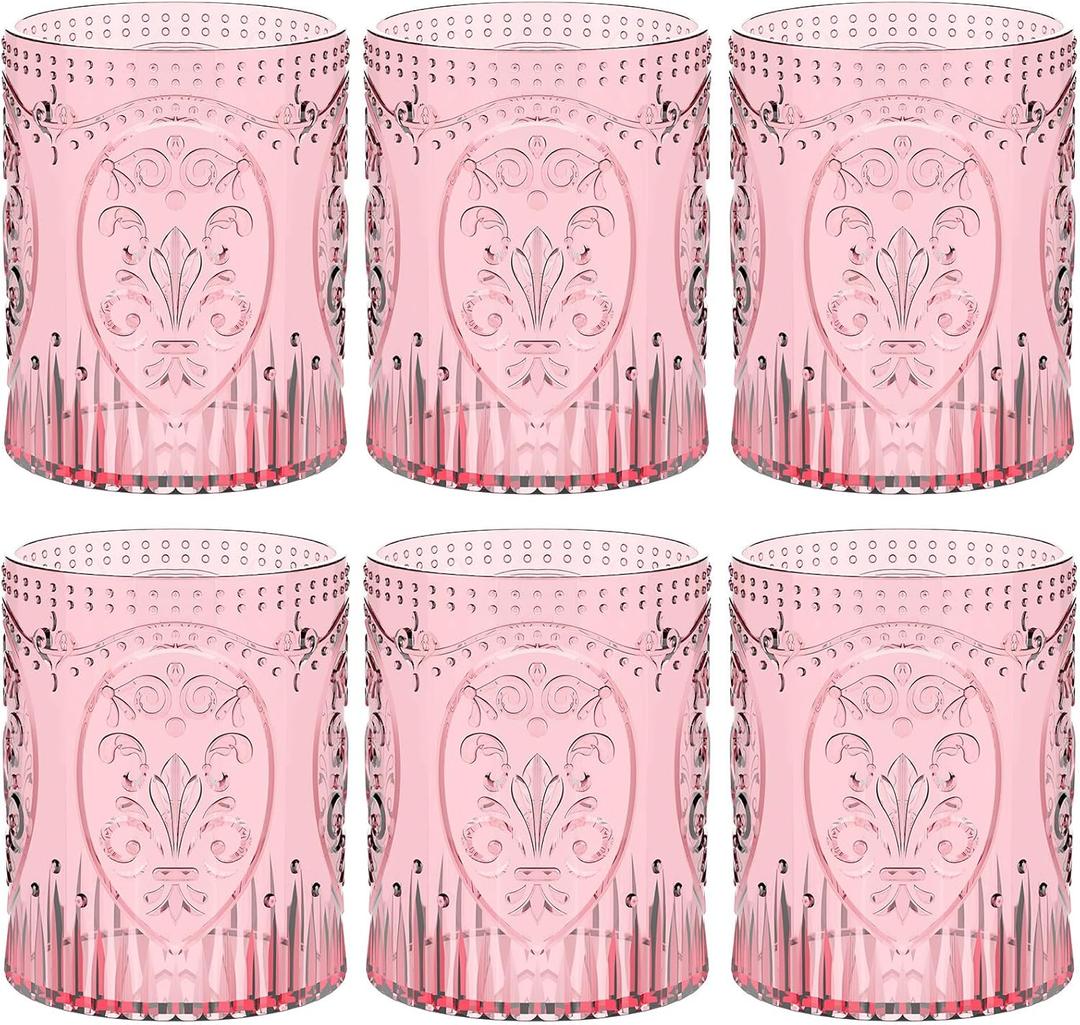 Qinyoung 6 Plastic Vintage Drinking Glasses 8.5oz Stemless Retro Embossed Wine Glasses Shatterproof Reusable Cups for Baby Shower Wedding Reception Grand Event Party (Pink)