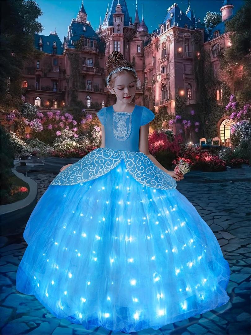 Light Up Princess Dress Girls Halloween Costume Toddler Blue Princess Dress Up Kids Outfit Vestito (6-7 Years)