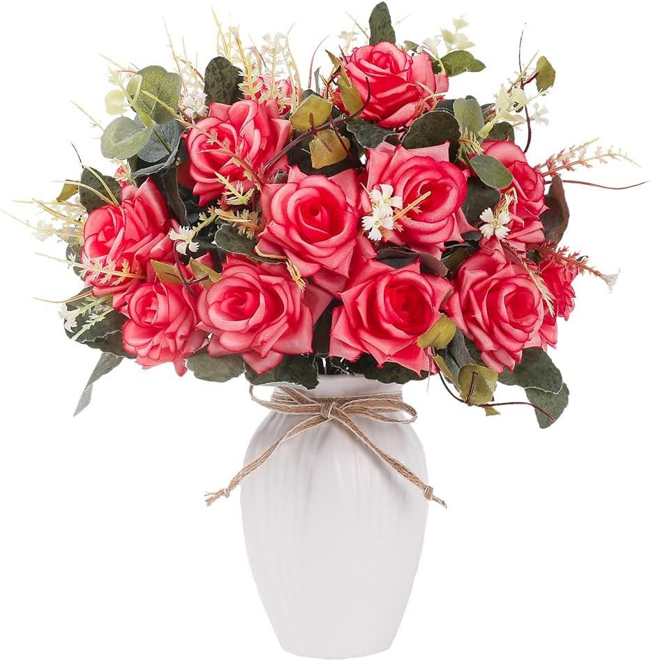 LESING Artificial Rose Flowers with Vase Faux Silk Fake Rose Flowers Bouquets in Vase Table Centerpiece Arrangement for Home Wedding Decoration (Red)