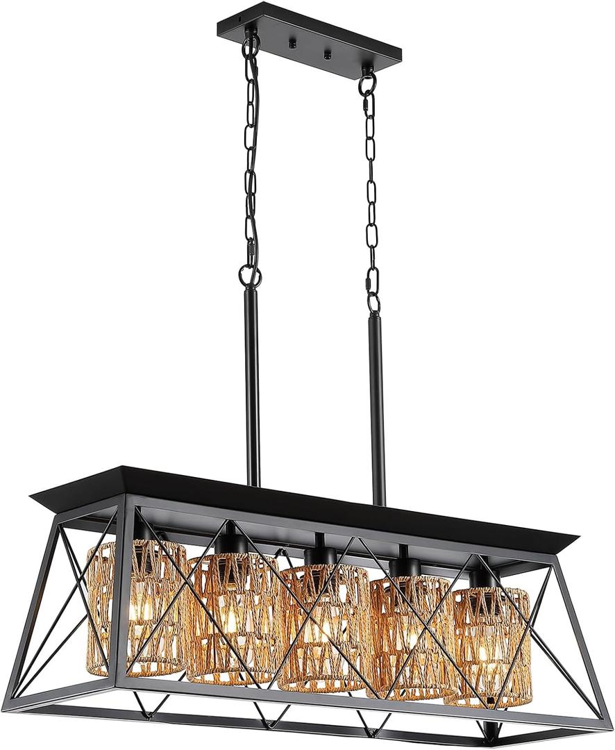 Rattan Chandelier Dining Room Kitchen Island Lighting Fixtures,Modern Black Farmhouse Kitchen Chandeliers Over Table,5-Light Boho Rustic Rectangular Pendant Light