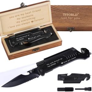 Gifts for Men Dad Fathers Day, Anniversary Birthday Gifts for Him Boyfriend Husband, Engraved Pocket Knife, Camping Hiking Multitool Knife Present, 7 in 1 Folding Knives with Wood Box, LED Light