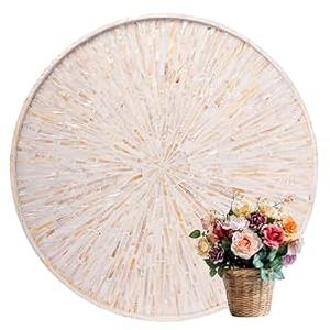 PEMAR 22" Round Mother of Pearl Extra Large Ottoman Tray with Raised Edge, Oversized Decorative Luxury Wooden Serving Tray for Food, Coffee Table, Breakfast in Bed (White Cream Sunlight)