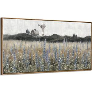 Framed Canvas Wall Art for Living Room Rustic Farmhouse Scenery Vintage Countryside Windmill Barn Picture Nature Wilderness Landscape Wildflower Field Meadow Print Painting Retro Artwork 48"W x 24"H
