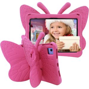 Cute Butterfly Kids Case for Apple iPad (A16) 11th Generation 11 Inch (2025), iPad 10th Generation 10.9 Inch (2022), 3D Cartoon EVA Foam Shockproof Stand Cover for Girls - Magenta